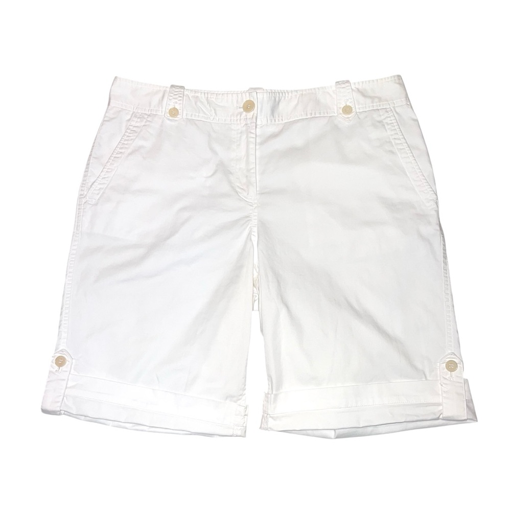 TALBOTS Size 10 Women’s Roll Tab Cuff White Shorts Tab Button Accents GUC 9” Ins